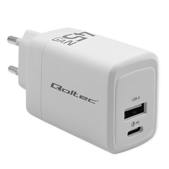 Qoltec Φορτιστής Χωρίς Καλώδιο GaN με Θύρα USB-A και Θύρα USB-C 45W Power Delivery / Quick Charge 3.0 Λευκός (51825)