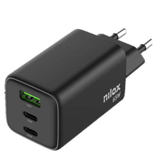 Nilox Φορτιστής Χωρίς Καλώδιο με Θύρα USB-A και 2 Θύρες USB-C 65W Μαύρος (NXGANUSBC65)
