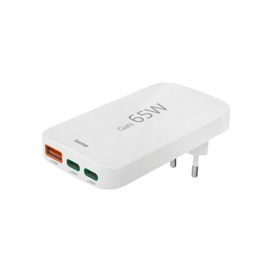 HAMA Φορτιστής Χωρίς Καλώδιο GaN με Θύρα USB-A και 2 Θύρες USB-C 65W Power Delivery / Quick Charge 3.0 Λευκός (201976)