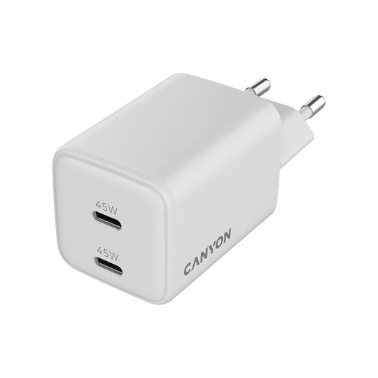 Canyon Φορτιστής Χωρίς Καλώδιο GaN με 2 Θύρες USB-C 45W Power Delivery Λευκός