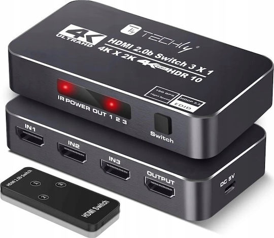 Techly 367171 3-port Hdmi Switch 2.0b 4k*60hz 3x1 Ir Remote