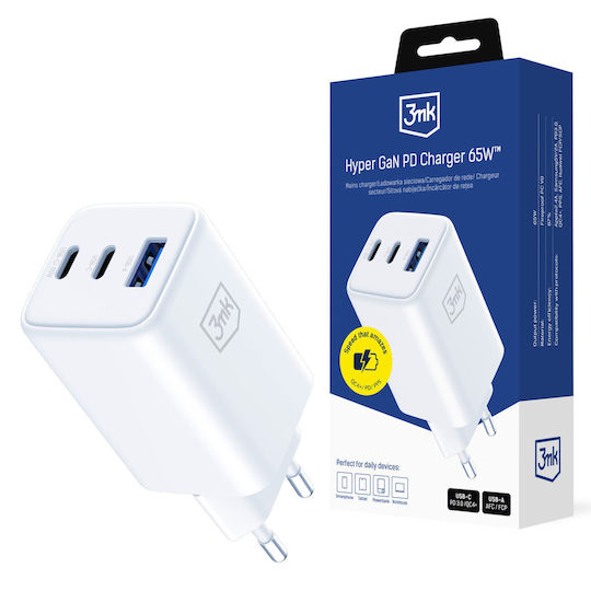 3MK Φορτιστής Χωρίς Καλώδιο GaN με Θύρα USB-A και 2 Θύρες USB-C 65W Power Delivery Λευκός (Hyper)
