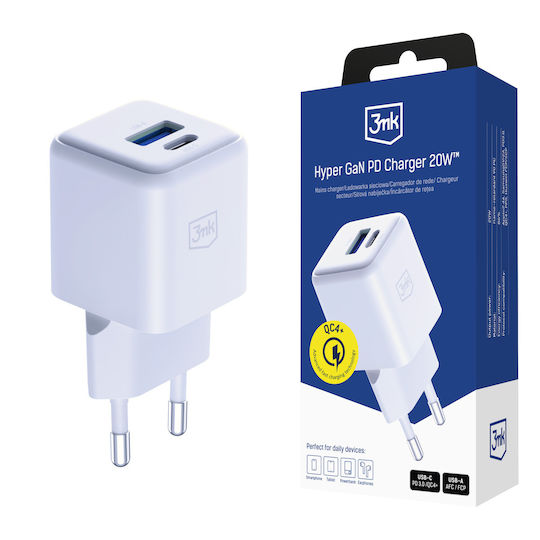 3MK Φορτιστής Χωρίς Καλώδιο GaN με Θύρα USB-A και Θύρα USB-C 20W Power Delivery / Quick Charge 4+ Λευκός (Hyper)