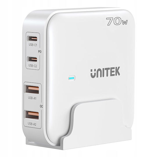Unitek Βάση Φόρτισης GaN με 2 Θύρες USB-A και 2 Θύρες USB-C 70W Power Delivery σε Λευκό χρώμα (P1228AWH01-EU)