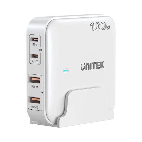 Unitek Φορτιστής Χωρίς Καλώδιο GaN με 2 Θύρες USB-A και 2 Θύρες USB-C 100W Quick Charge 3.0 Λευκός (P1229AWH)