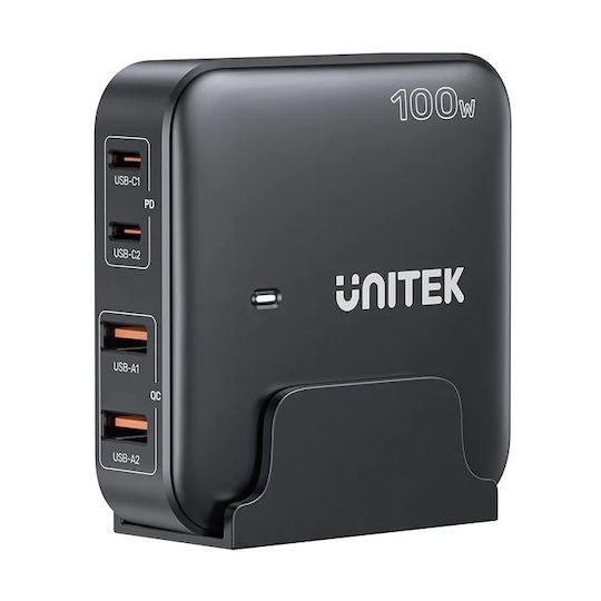 Unitek Φορτιστής Χωρίς Καλώδιο GaN με 2 Θύρες USB-A και 2 Θύρες USB-C 100W Quick Charge 3.0 Μαύρος (P1229ABK)