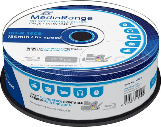 MediaRange Εγγράψιμα BD-R 6x Printable 25GB Cake Box 25τμχ (MR515)