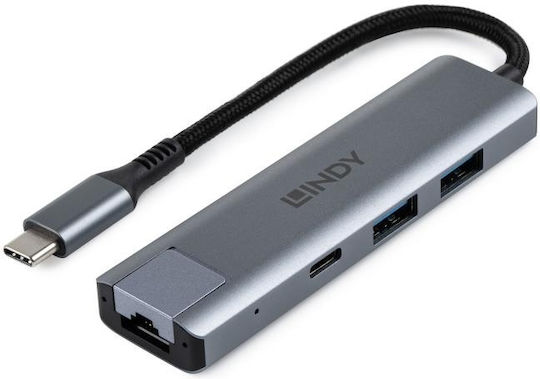 Lindy USB 3.2 Hub 3 Θυρών με σύνδεση USB-A / Ethernet Γκρι