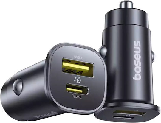 Baseus Φορτιστής Αυτοκινήτου 30W με Θύρες: 1xUSB 1xType-C Μαύρο Χρώμα C00072300123-00