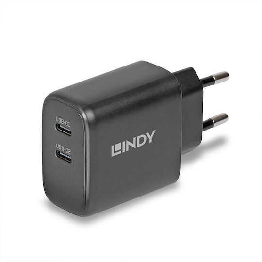 Lindy Φορτιστής Χωρίς Καλώδιο GaN με 2 Θύρες USB-C 65W Power Delivery Μαύρος