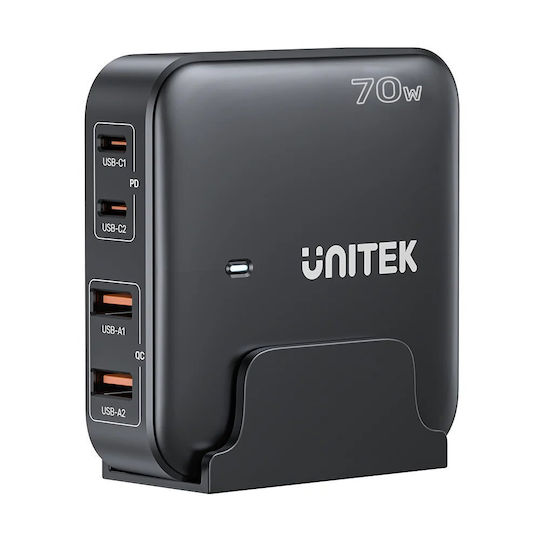 Unitek Βάση Φόρτισης GaN με 2 Θύρες USB-A και 2 Θύρες USB-C 70W Quick Charge 3.0 σε Μαύρο χρώμα (P1228ABK)
