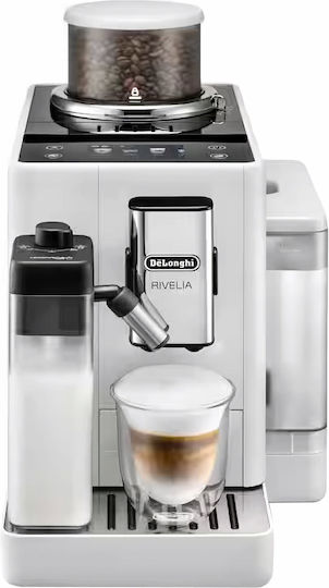 De'Longhi Rivelia Αυτόματη Μηχανή Espresso 1450W Πίεσης 19bar για Cappuccino με Μύλο Άλεσης Λευκή