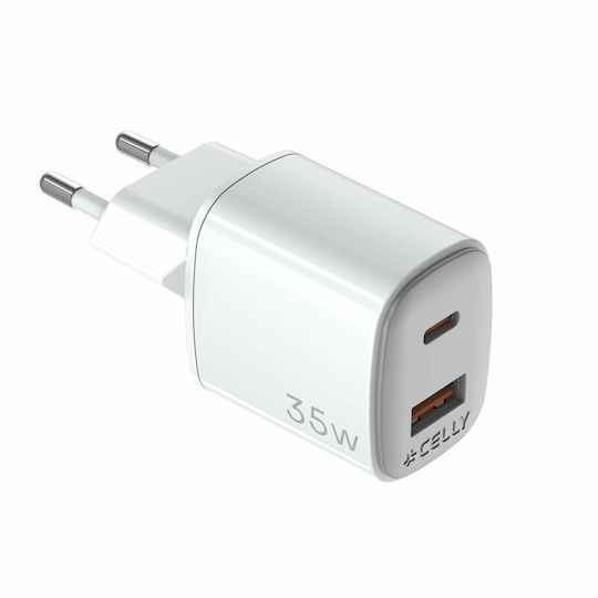Celly Φορτιστής Χωρίς Καλώδιο GaN με Θύρα USB-A και Θύρα USB-C 35W Λευκός