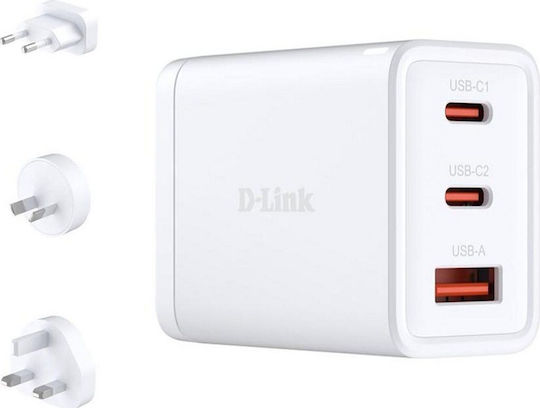 D-Link Φορτιστής Χωρίς Καλώδιο GaN με Θύρα USB-A και 2 Θύρες USB-C 65W Power Delivery Λευκός (DCP-651)
