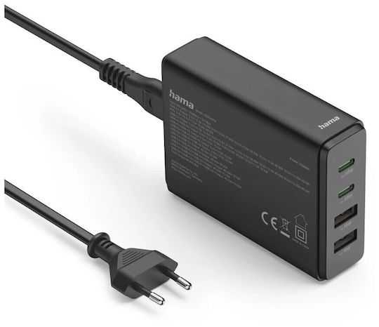 HAMA Βάση Φόρτισης GaN με 2 Θύρες USB-A και 2 Θύρες USB-C 65W Power Delivery σε Μαύρο χρώμα (00201979)