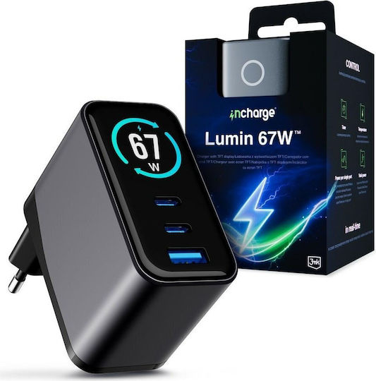 3MK Φορτιστής Χωρίς Καλώδιο με Θύρα USB-A και 2 Θύρες USB-C 67W Power Delivery / Quick Charge 4+ Μαύρος (InCharge Lumin)