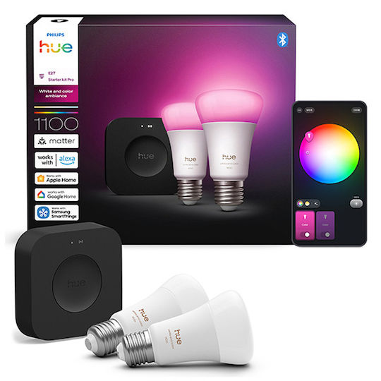 Smart Lamp Philips E27 A60 1100lm 8.1w Rgb & Tunable White 2-pack + Hue Bridge Pro 929003853518