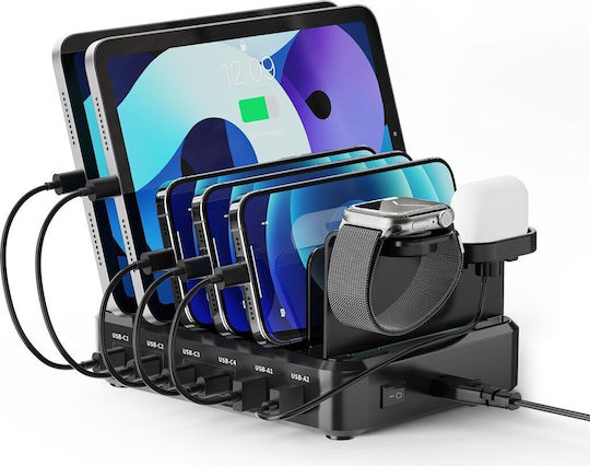 Ewent Βάση Φόρτισης με 2 Θύρες USB-A και 4 Θύρες USB-C 130W Power Delivery / Quick Charge 3.0 σε Μαύρο χρώμα (EW1335)