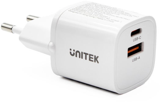 Unitek Φορτιστής Χωρίς Καλώδιο με Θύρα USB-A και Θύρα USB-C 33W Power Delivery / Quick Charge 3.0 Λευκός (P1125AWH01-EU)