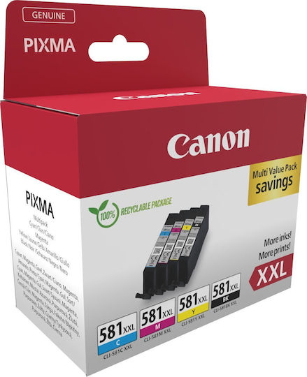 Canon CLI-581XXL Γνήσιο Πακέτο 4 Μελανιών Εκτυπωτή InkJet Κίτρινο / Κυανό / Ματζέντα / Μαύρο (1998C006)
