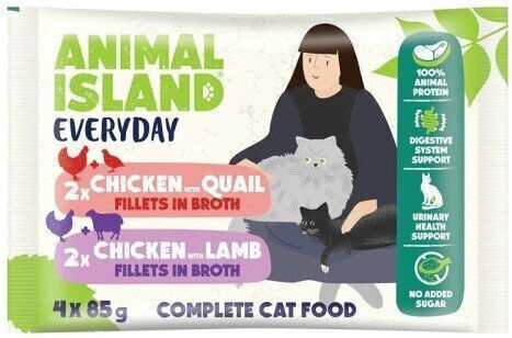 Animal Island Υγρή Τροφή για Γάτες σε Φακελάκι με Κοτόπουλο, Ορτύκι και Αρνί 4x85gr