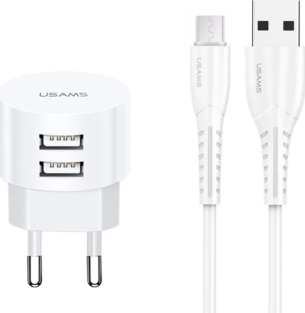 20200605150201_usams_micro_usb_cable_2x_usb_wall_adapter_leyko_xtxlogt18mc05 Usams Φορτιστής με 2 Θύρες USB-A και Καλώδιο micro USB Λευκός (T20) - Image 1