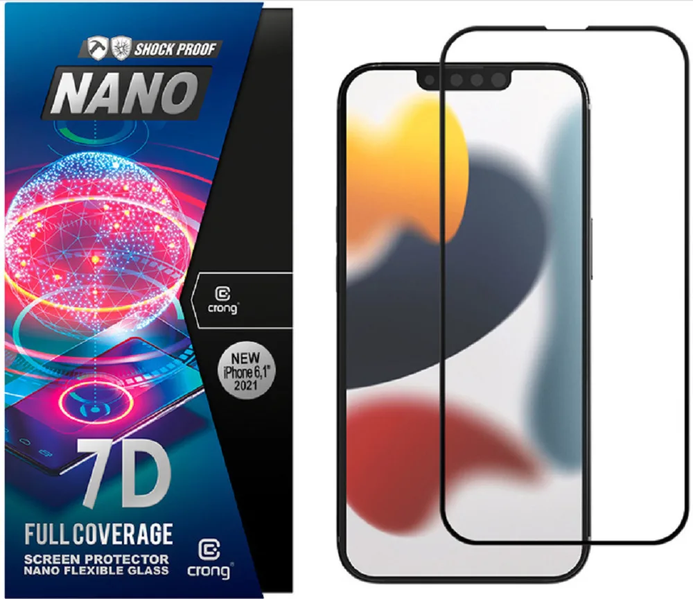 Crong 7D Nano Flexible Black 0.3mm Full Glue Full Face Tempered Glass (iPhone 17e / 16e / 14 / 13 / 13 Pro) CRG-7DNANO-IP13P - Image 1