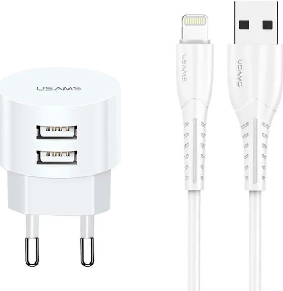 20211104142757_usams_lightning_cable_2x_usb_wall_adapter_leyko_t20 Usams Φορτιστής με 2 Θύρες USB-A και Καλώδιο Lightning Λευκός (T20) - Image 1