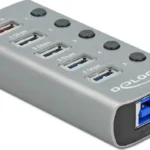 DeLock USB 3.2 Hub 5 Θυρών με σύνδεση USB-A & Θύρα Φόρτισης και Εξωτερική Παροχή Ρεύματος Γκρι (63262)