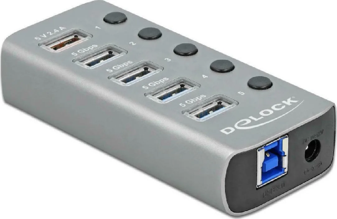 DeLock USB 3.2 Hub 5 Θυρών με σύνδεση USB-A & Θύρα Φόρτισης και Εξωτερική Παροχή Ρεύματος Γκρι (63262) - Image 1