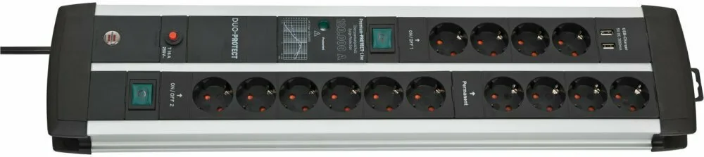 Brennenstuhl Πολύπριζο Aσφαλείας 14 Θέσεων με 2 USB-A, Διακόπτη και Καλώδιο 3m 1392000232 - Image 1