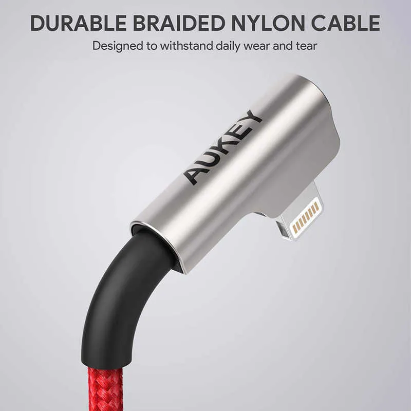 20220221154702_eee91d83 Aukey CB-AL01 Angle (90°) / Braided USB to Lightning Cable Κόκκινο 2m - Image 1