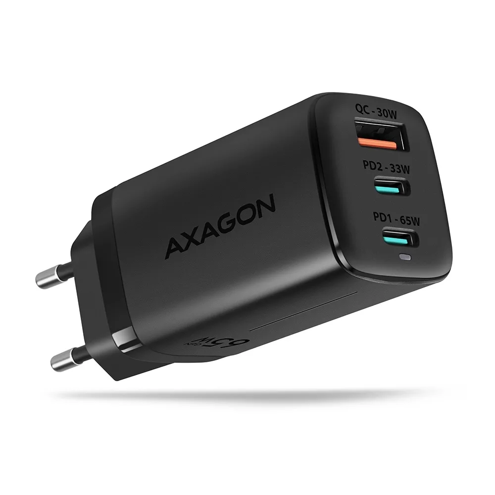 Axagon Φορτιστής Χωρίς Καλώδιο GaN με Θύρα USB-A και 2 Θύρες USB-C 65W Power Delivery / Quick Charge 3.0 Μαύρος (ACU-DPQ65) - Image 1