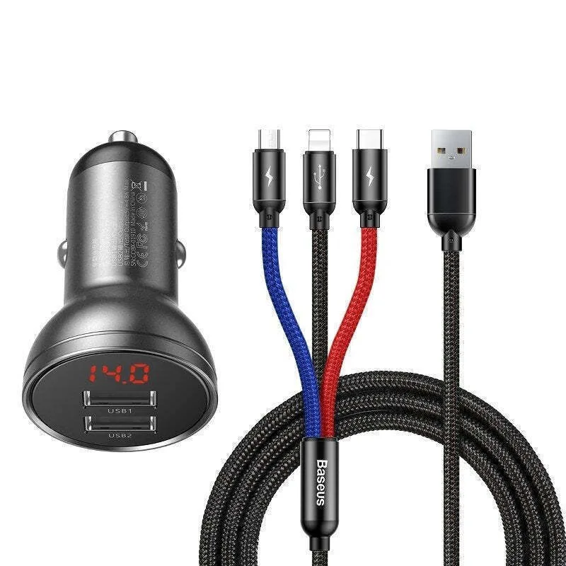 Baseus Φορτιστής Αυτοκινήτου 24W 4.8A με Θύρες: 2xUSB μαζί με Καλώδιο Type-C / Lightning / Micro-USB Μαύρος TZCCBX-0G - Image 1