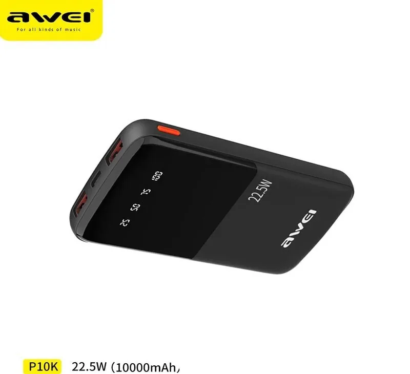 Awei P10K Power Bank 10000mAh 22.5W με 2 Θύρες USB-A και Θύρα USB-C Μαύρο - Image 1