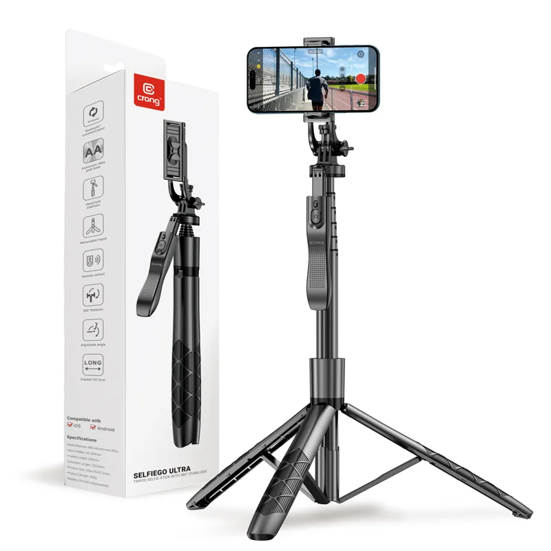 20240529155715_crong_selfie_stick_tripodo_kinitou_me_bluetooth_mayro Crong SelfieGo Ultra Τρίποδο Κινητού με Bluetooth Μαύρο CRGSGU1BLK - Image 1