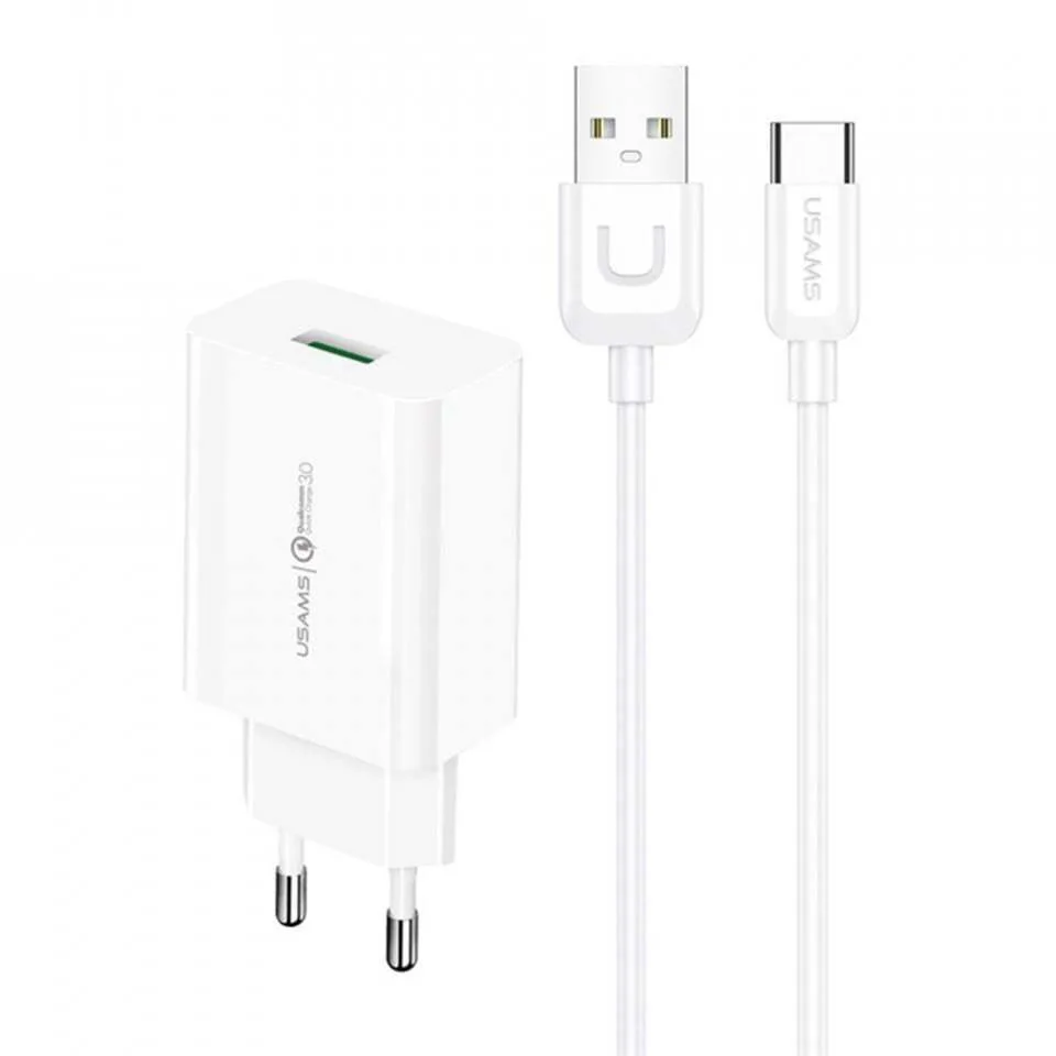 Usams Φορτιστής με Θύρα USB-A και Καλώδιο USB-C 18W Quick Charge 3.0 Λευκός (T22) - Image 1
