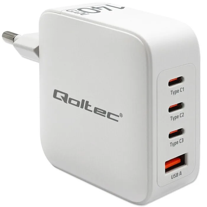 Qoltec Φορτιστής Χωρίς Καλώδιο GaN με Θύρα USB-A και 3 Θύρες USB-C 140W Power Delivery / Quick Charge 3.0 Λευκός (51828) - Image 1