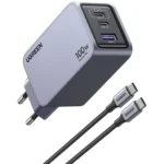Ugreen Φορτιστής GaN με Θύρα USB-A και 2 Θύρες USB-C και Καλώδιο USB-C - USB-C 100W Power Delivery / Quick Charge 4+ Γκρι (Nexode Pro)