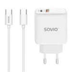 Savio Φορτιστής με Θύρα USB-A και Θύρα USB-C και Καλώδιο USB-C - USB-C 30W Power Delivery / Quick Charge 3.0 Λευκός (LA-10)