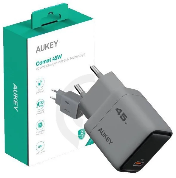 20250707132045_aukey_fortistis_me_ensomatomeno_kalodio_me_thyra_usb_c_45w_power_delivery_quick_charge_4_gri_pa_c2 Aukey Φορτιστής με Ενσωματωμένο Καλώδιο με Θύρα USB-C 45W Power Delivery / Quick Charge 4+ Γκρι (PA-C2) - Image 1