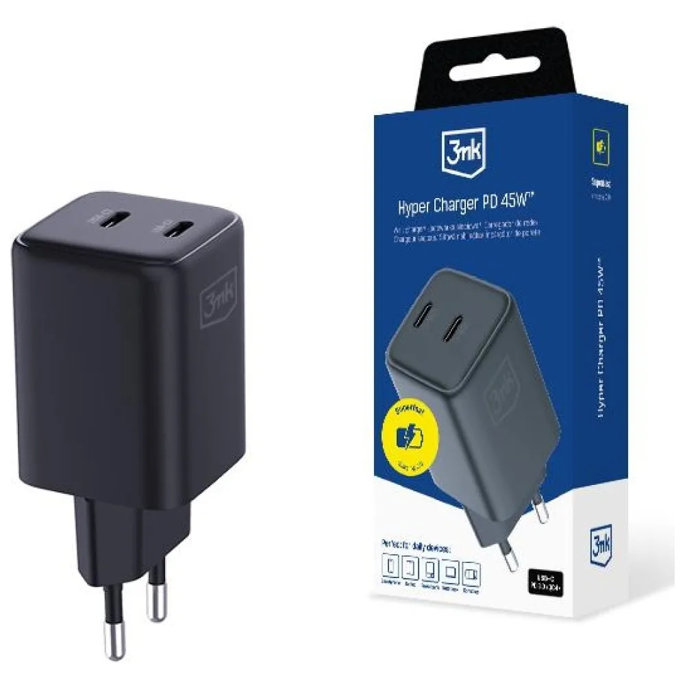 20250912112150_3mk_fortistis_choris_kalodio_me_2_thyres_usb_c_45w_power_delivery_mayros_hyper_charger 3MK Φορτιστής Χωρίς Καλώδιο με 2 Θύρες USB-C 45W Power Delivery Μαύρος (Hyper Charger) - Image 1