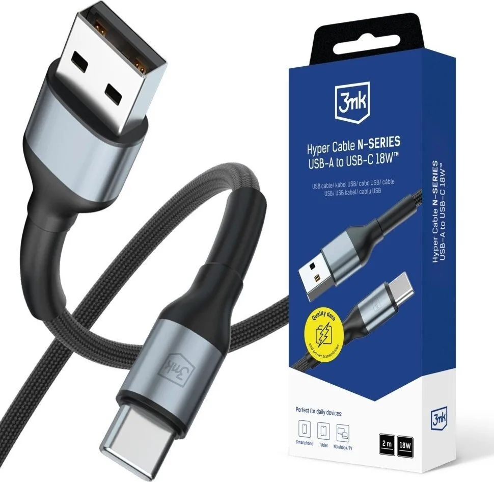 3MK USB 2.0 Cable USB-C male - USB-A 18W Μαύρο 2m - Image 1