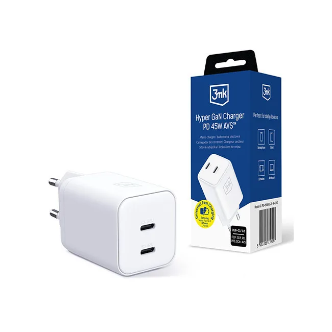 3MK Φορτιστής Χωρίς Καλώδιο GaN με 2 Θύρες USB-C 45W Power Delivery / Quick Charge 4.0 Λευκός (Hyper) - Image 1