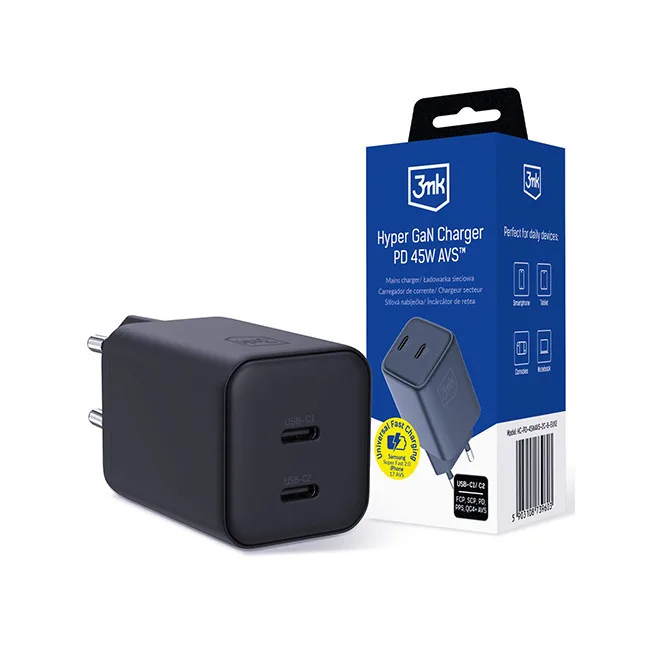 3MK Φορτιστής Χωρίς Καλώδιο GaN με 2 Θύρες USB-C 45W Power Delivery / Quick Charge 4.0 Μαύρος (Hyper) - Image 1