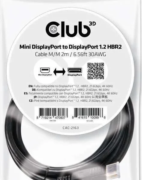 Club3D Cable mini DisplayPort male - DisplayPort male 2m Μαύρο (CAC-2163)