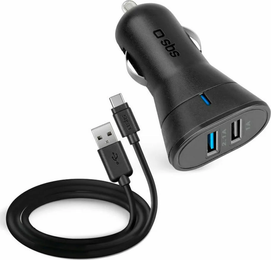 SBS Φορτιστής Αυτοκινήτου 12W 2.1A με Θύρες: 2xUSB μαζί με Καλώδιο Type-C Μαύρος TEKITCRC2U21AUL S5608286 - Image 1