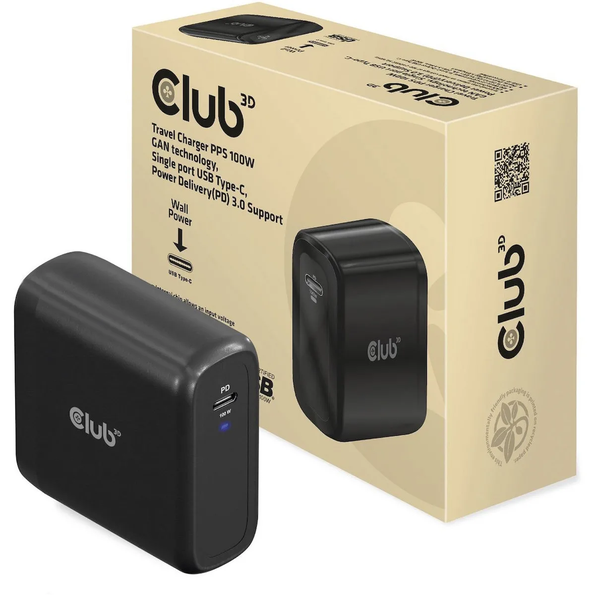 Club3D Φορτιστής Χωρίς Καλώδιο GaN με Θύρα USB-C 100W Power Delivery Μαύρος (CAC-1908) - Image 1
