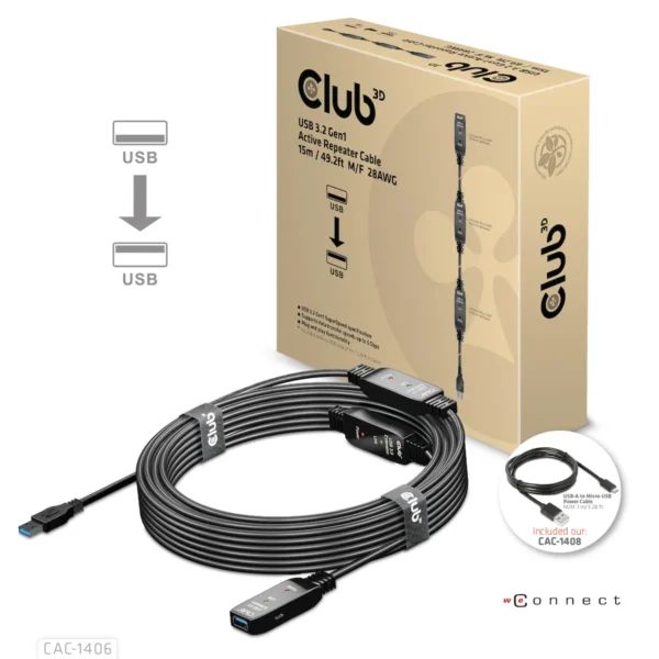 Club3D USB 3.1 Cable USB-A male - USB-A female Μαύρο 15m CAC-1406