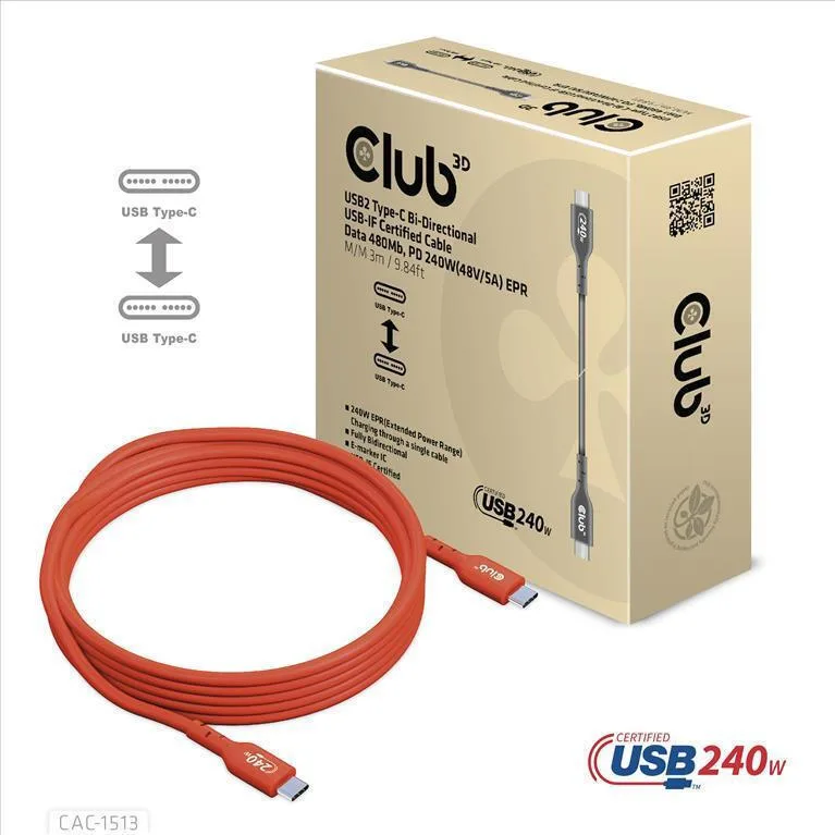 20240708172050_club3d_usb_2_0_cable_usb_c_male_usb_c_male_240w_kokkino_3m_cac_1513.jpeg Club3D USB 2.0 Cable USB-C male - USB-C 240W PD Κόκκινο 3m CAC-1513 - Image 1